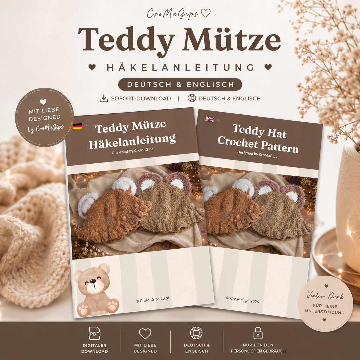 Häkelanleitung Teddy Mütze / Crochet Pattern Teddy Hat