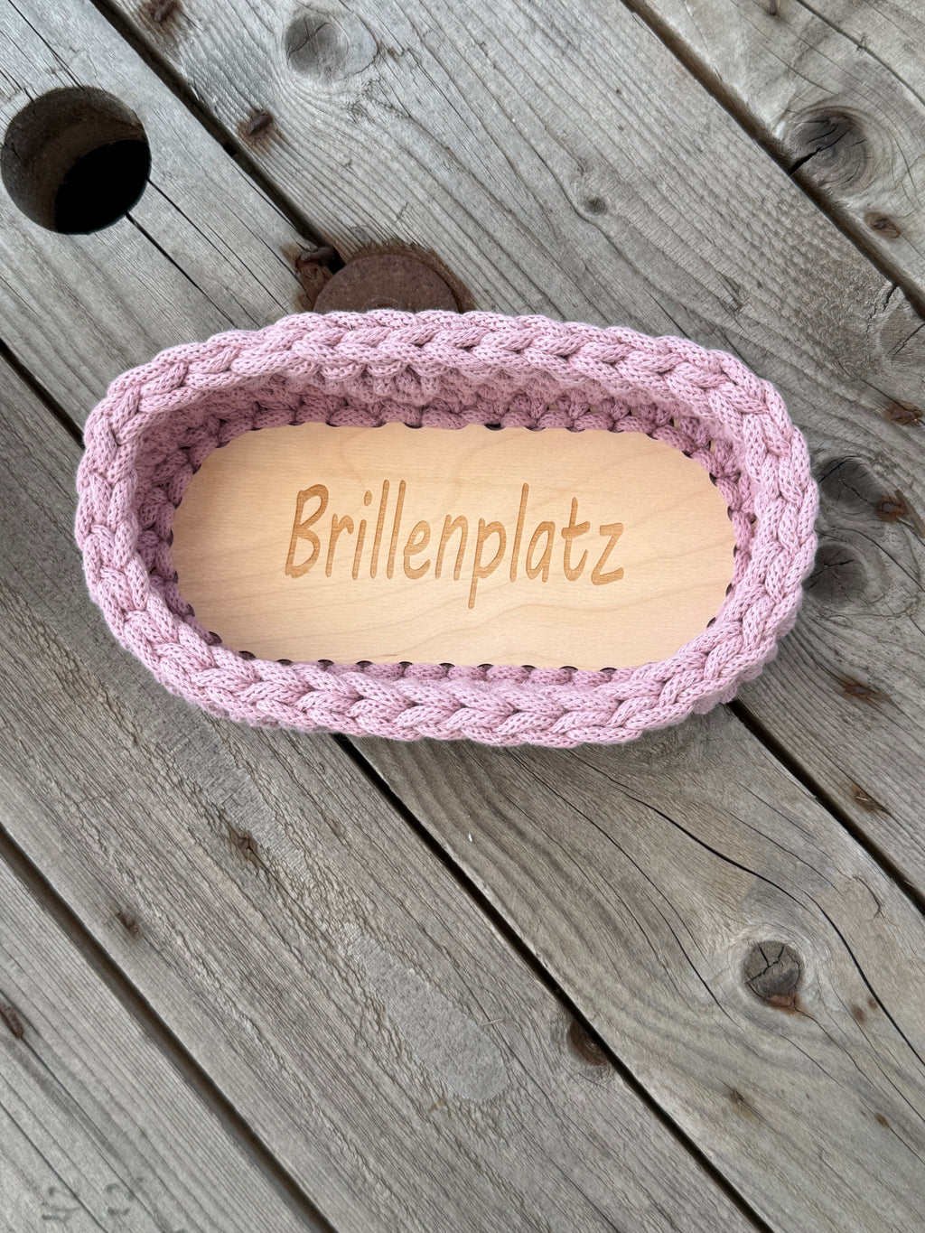 Ovaler Korb mit Holzboden – Strickstrich-Muster, Dusty Rose