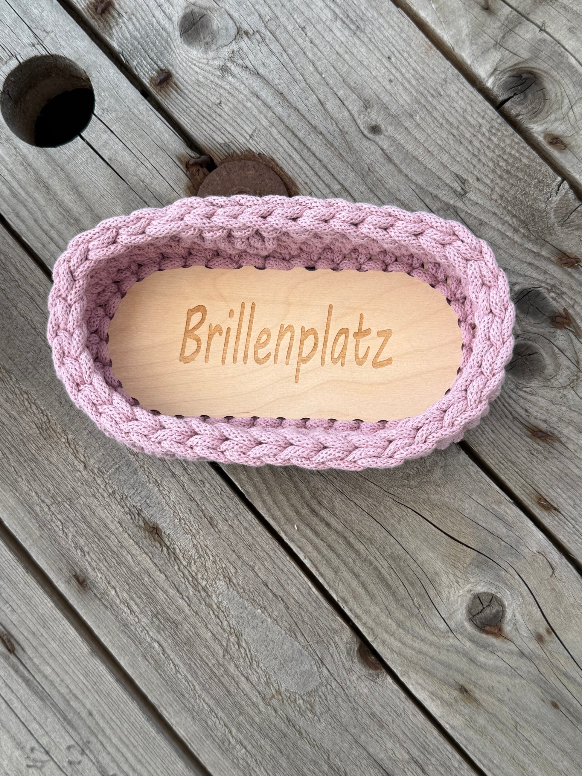 Ovaler Korb mit Holzboden – Strickstrich-Muster, Dusty Rose