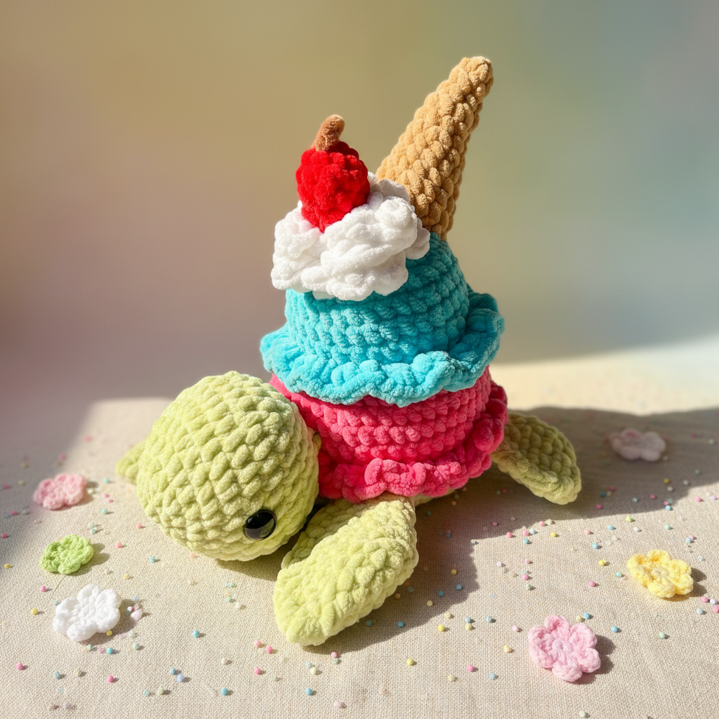 Toni die Eisschildkröte – handgehäkeltes Amigurumi mit cozem Sommerhintergrund