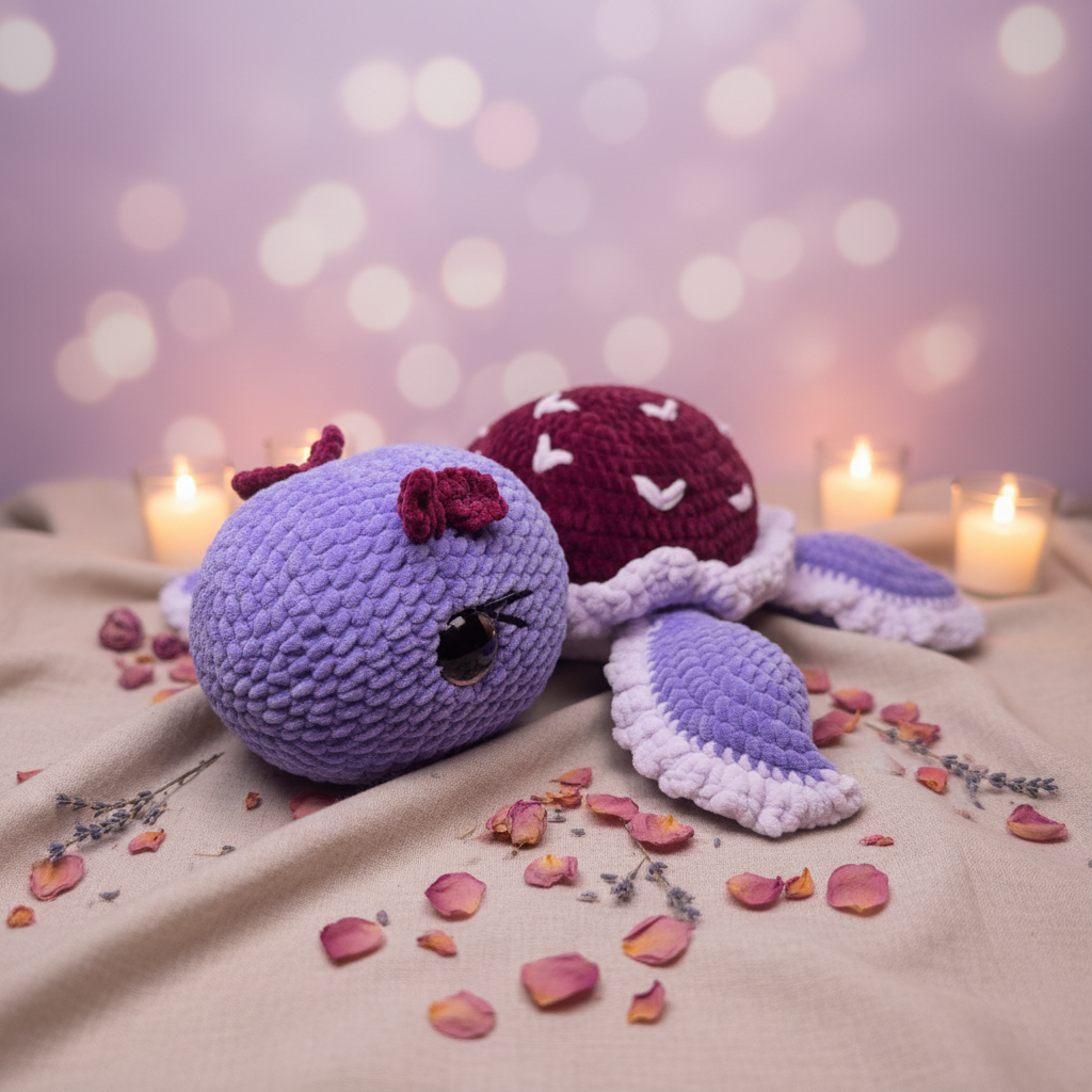 Herzi die Schildkröte – handgehäkeltes Amigurumi mit cozem romantischem Hintergrund