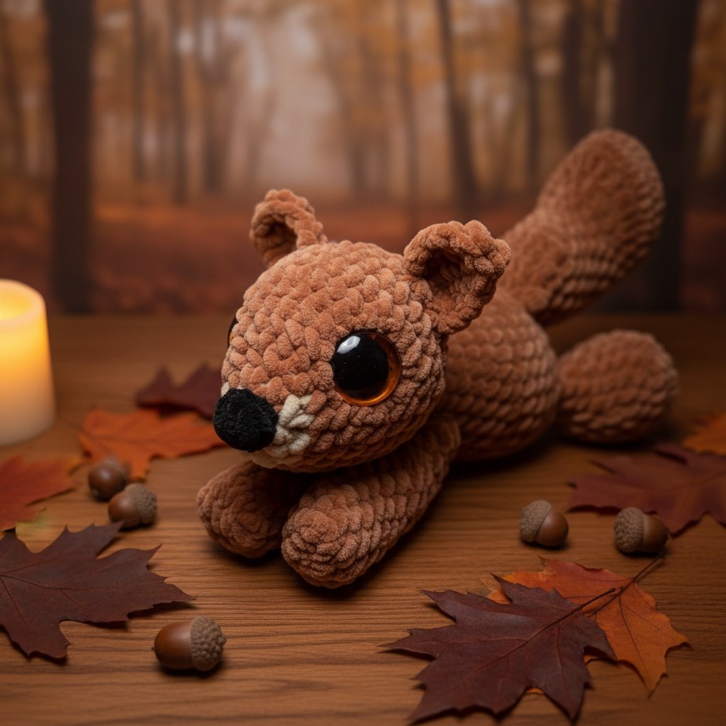 Nuss das Eichhörnchen – handgehäkeltes Amigurumi mit cozem Herbsthintergrund