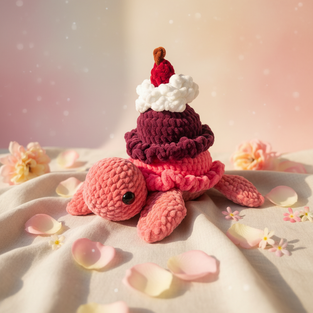 Tilda die Eisschildkröte – handgehäkeltes Amigurumi mit cozem Sommerhintergrund