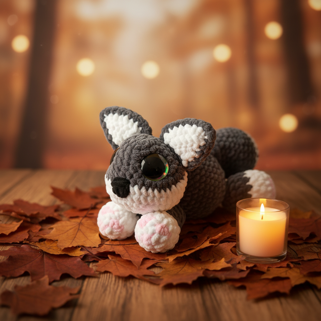 Wolfi der Wolf – handgehäkeltes Amigurumi mit cozem Herbsthintergrund