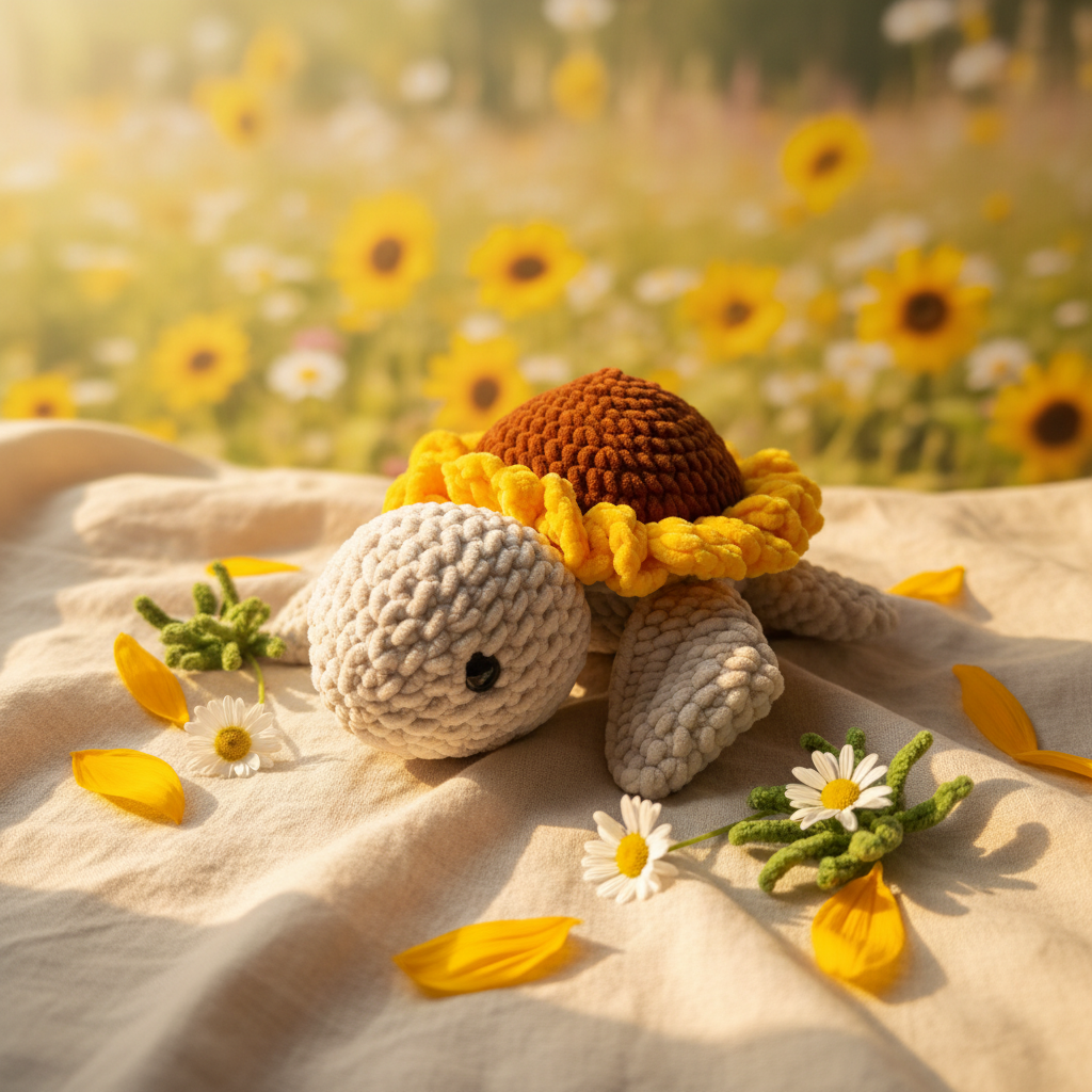 Sunny die Schildkröte – handgehäkeltes Amigurumi mit cozem Sommerhintergrund